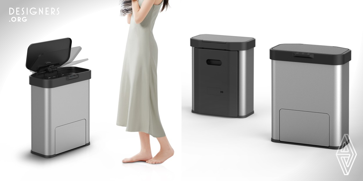 In home life, the disposal and storage process of domestic garbage generated is usually a very troublesome problem, how to avoid contact with the garbage bin in the process of throwing garbage, convenient to change bags when changing, and garbage deodorization.Smart sensing bucket is a healthy household product that can help people solve the problems encountered in the process of handling and storing domestic waste through innovative design. The product is powerful, safe and reliable to use. The simple hexagonal design combines practical functions with aesthetic appearance. The main shell is 