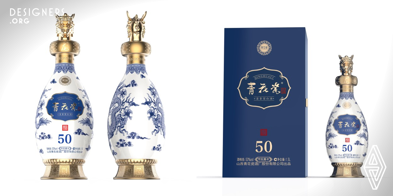 This Chinese Baijiu packaging distinguishes itself by merging traditional Eastern culture with the modern aesthetics of Chinese Baijiu. Taking inspiration from blue and white porcelain, the sleek bottle mirrors the refinement of this traditional Chinese craftsmanship, while also showcasing its cultural significance. Further adorned with exquisite Loong motifs, it not only carries inherent artistic value but also invokes a festive ambiance and auspicious symbolism.