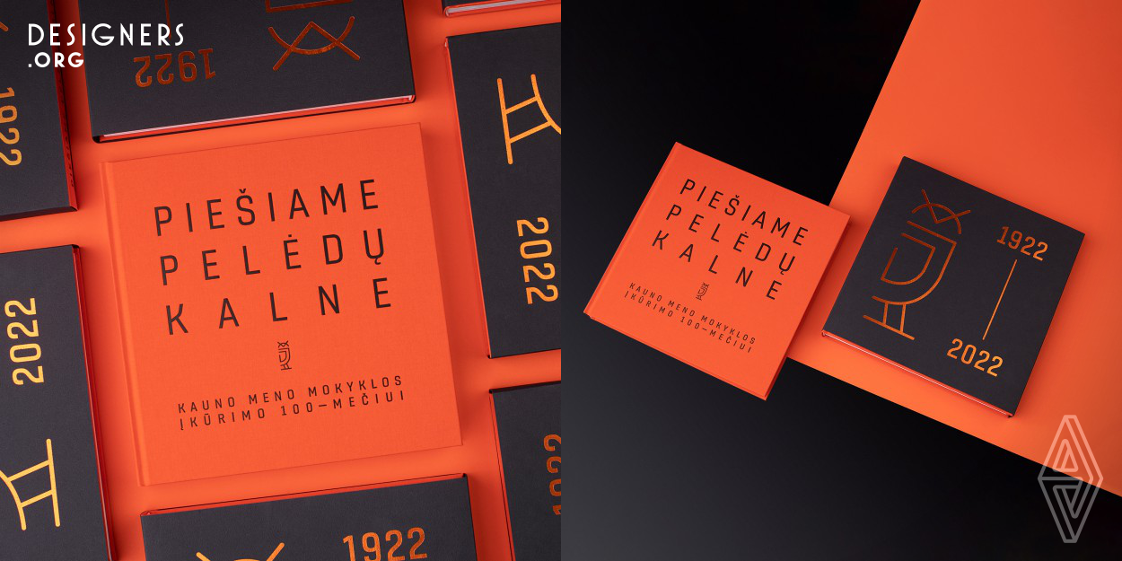 The designer aimed for the book not only to remind of the past, but also to reflect the present, so the bright orange and black colours was chosen, which is a symbol of energy, creativity, and the thematic colour of the present institution at the premises. The book is designed in a minimalistic way while the sleeve itself has no title, only the period of time and a stylized owl encoded on its front, which is a symbolic way of marking the centenary and school location. Classic printing technologies, such as offset printing and hot stamp foiling, was used to achieve the result.
