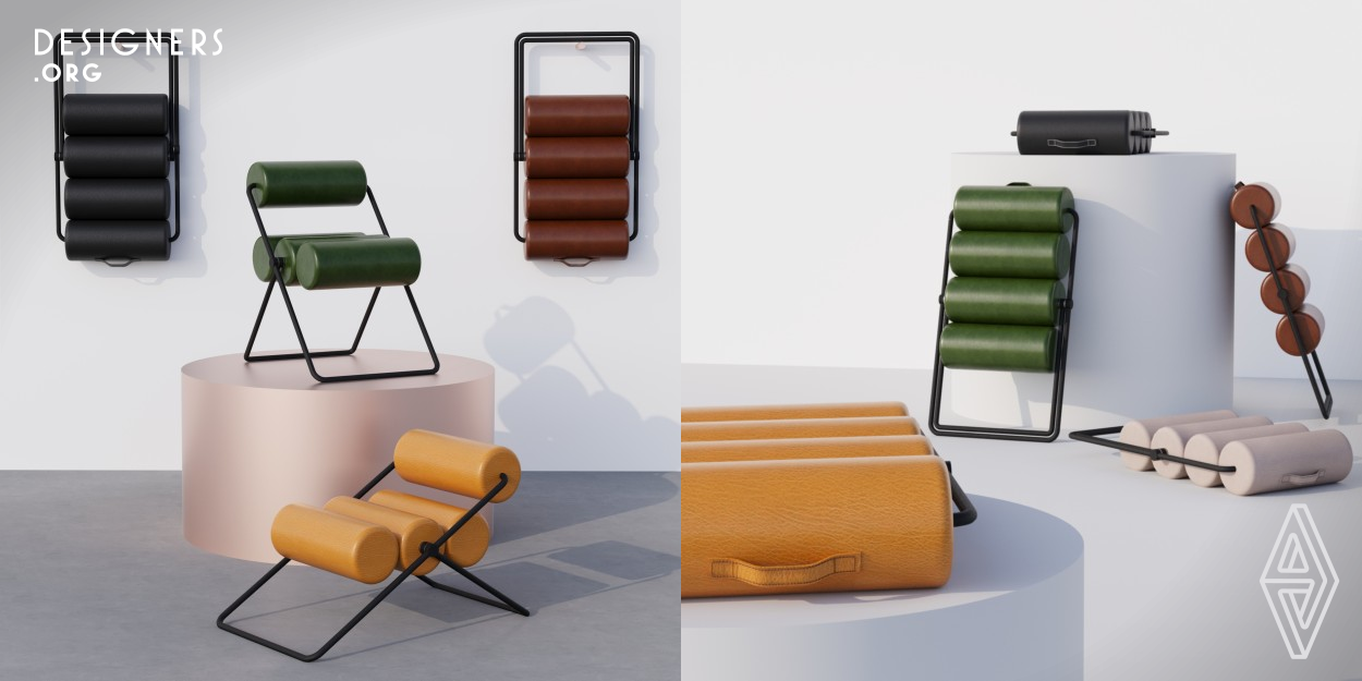 An indoor, outdoor multifunctional folding chair that can also turn into a lounge chair. It folds into a a flat pack and can be shipped easily. Inspired by the Japanese dessert called dango, the chair takes the form/shape of this inspired snack, especially when it is closed in the collapse form. Challenging technical aspect of this design is making sure that the angle on both lounge and chair version is comfortable and functional with a single ratchet. Taking into consideration that the chair should be lightweight for shipping purposes made of eco friendly foam and powder coated aluminum.