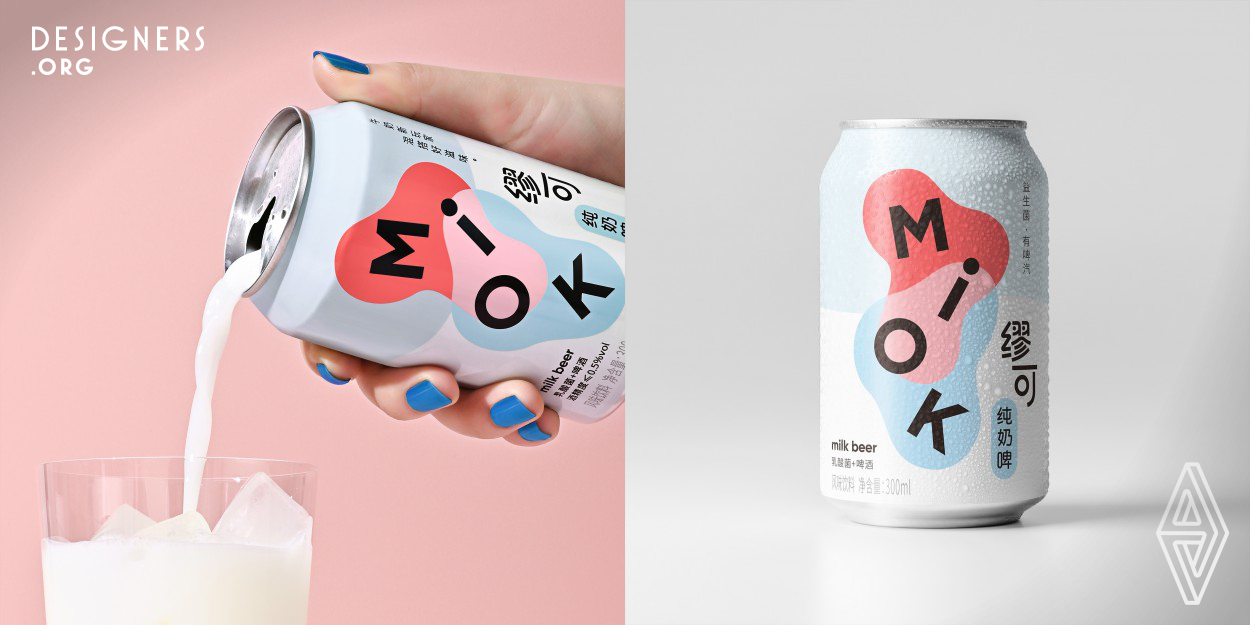 The brand identity design and packaging design for Miok is adventurous, creative, and joyful. The concept of Miok's brand identity is "Mixing", which represents the mix of milk and beer. Around the floating Miok letters, two liquid shapes are mixing into a new shape. The visual means to be bold, dynamic, and joyful to represent the beverage’s unique characteristics. The logo is the main visual element on product packaging, to make this new brand eye-catching and memorable in the market.