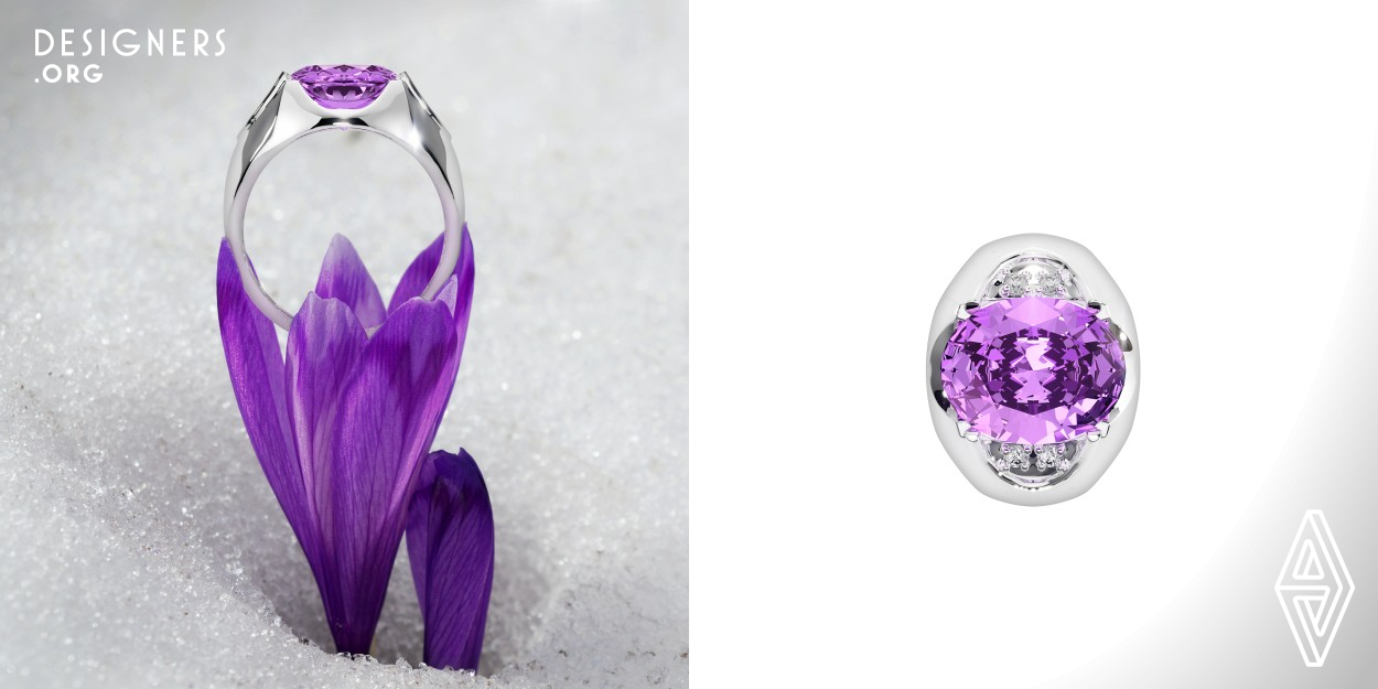 This ring draws inspiration from the tenacious struggles of Kurdish women in their pursuit of freedom. Embodying the powerful slogan, Resistance is life, it serves as a reminder to individuals to persist in the face of life's adversities. The profound symbolism extends to nature, mirroring the resilience of purple flowers that courageously emerge through the snowy landscapes of the Kurdistan mountains, persistently thriving amidst challenging conditions. The design encapsulates a narrative of strength, echoing the indomitable spirit reflected in the lives of women.