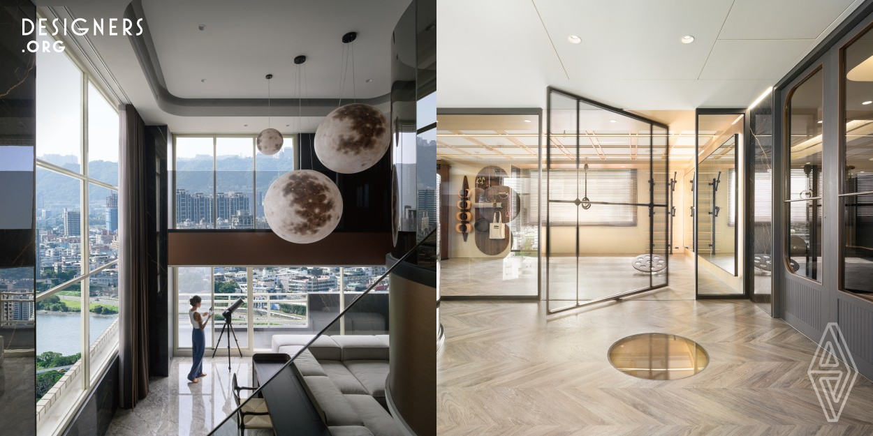 This residential space is custom-designed exclusively for a married couple, eliminating the need to divide it into multiple rooms during the floor plan. Uses the contrast between black and gold to present the starry night sky. With full moon chandelier placed on the high celling, presents a concept of Chinese poetry of "the white jade plate in the night sky". Redefines the home experience with the concepts of transparency, intelligence, smart functionality, and versatility. Reflective materials makes the mysterious beauty of the moon can be seen everywhere in the room.