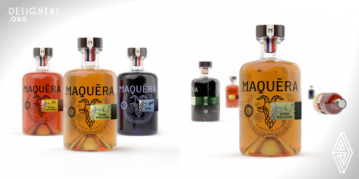 In the heart of Ardeche, a secluded region in France, an infused liquor bottle is born. Maquera's packaging forges a direct connection with enthusiasts, introducing a container intentionally designed for a new homemade infusion after enjoying its original contents. A replaceable label overlaps a screen print, creating an asymmetry. Crafted from durable materials, it becomes infinitely reusable. This approach addresses consumer concerns, making the product stand out on the shelf while being entirely sustainable.