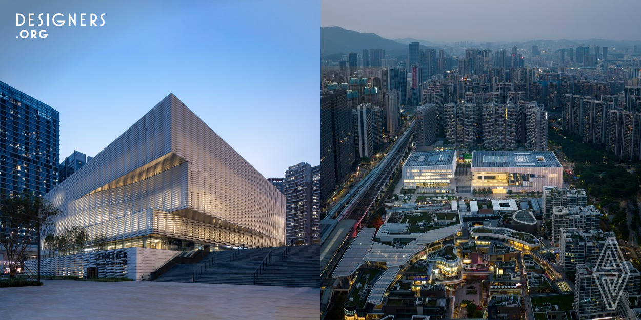 The project site is located in the low-density business district of Shenzhen North Railway Station in Longhua New District, close to the Hongshan Metro Station in Longhua District, the architectural form is like a hand merging up and down, creating different levels of public platforms in the middle of the two buildings, the platform expands the function of the building, the elevated space makes it away from the hustle and bustle of the city, and the roof on the top provides shelter for it, creating a comfortable atmosphere, providing public space while also undertaking the axis of the city.