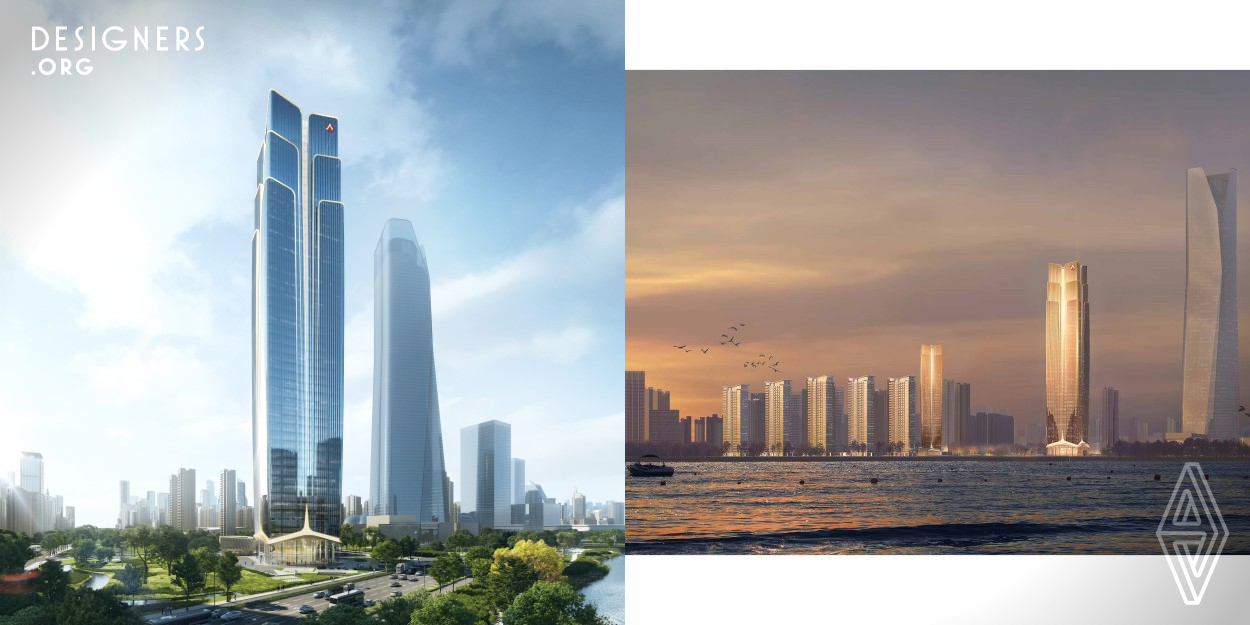 The project is located at the core node of Jiulong Lake New City, facing the river and at the intersection of the blue and green axis, with excellent visibility and accessibility. Based on the comprehensive consideration of the upper-level planning, the main tower is arranged along the river at a 45 degree direction, with a two way riverside view. Use modern architectural language to complement the Jinbianruixiang element in the eternal masterpiece. 