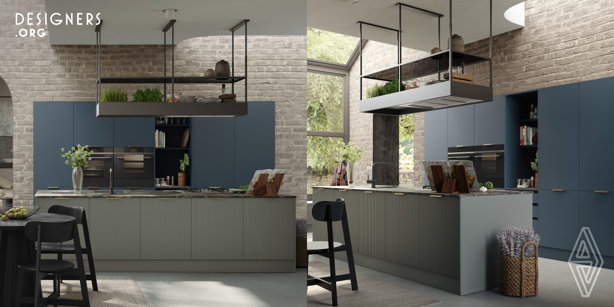 Elevate your kitchen to new heights with the Seta Collection, a symbol of design and sophistication. Immerse yourself in the three-dimensional textured design, crafted for modern aesthetics. The Seta Collection offers a blend of form and function, featuring wavy and flat doors in shades of blue and grey. Each element, from the minimalist brass handles to the reeded glass doors, is thoughtfully curated to create captivating light effects and enhance the overall ambiance. Experience the artistry of balance and refinement with Seta, where every detail speaks volumes of design excellence.