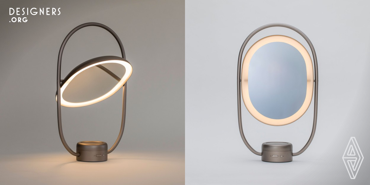 A lighting product combined with aroma diffuser and a mirror. With three color types and four levels of dimming, the product contributes to customize a variety of situations at personal, small-scaled spaces. It is an innovative design that utilizes reflected light inside the oval-shaped frame, creating a soft and beautiful light from any angle. The refined aluminum body is finished by superior craftsmanship. The diffuser uses an international patent pending technology utilizing capillary action.