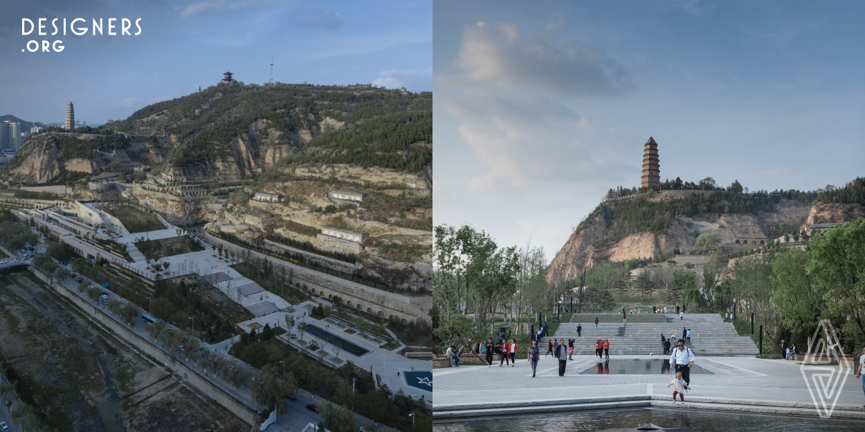 The project is located in the core urban area of Yan'an. Due to the lack of holistic planning over the years, lots of cave dwellings were disorderly built on the hillside of Baota Mountain by local residents, which severely damaged the mountain's ecology. The architects proposed to approach the project based on the core concept of integrating site memories into design, including: integrating mountain and river and restoring natural ecology; creating a landscape architecture to blend into the natural surroundings; using regional materials and inheriting local cultural context.