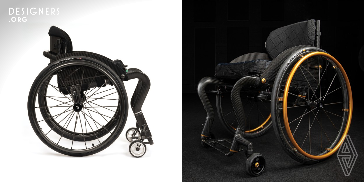 The CR1 is a carbon fiber wheelchair that is fully customizable to the user's individual specifications and preferences. The unique, dual-angle front end was designed to follow the lines of the user's body, allowing them to get closer to objects for improved accessibility and maneuverability in tight spaces. The aerodynamic tube profile and its orientation were designed to improve strength, user comfort in areas contacting the body and aesthetically to promote a sense of speed. The dual-purpose sideguards provide protection to the user while acting as a structural member for support.