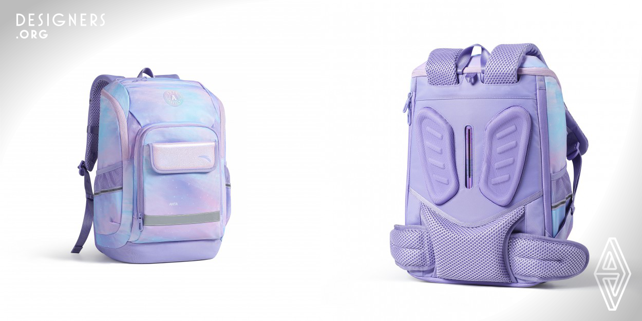 This multifunctional backpack, crafted for the spinal health of children, impresses with its engineering design. Drawing inspiration from the fins of flying fish, this backpack features an innovative dual wraparound system that encompasses 720 degrees. This innovation combines a patented dual spiral spring structure and a 3D load distribution system across 9 key points. This not only ensures even pressure distribution but also harnesses elastic energy to counteract gravity. Such a synergy allows the backpack to automatically adapt its load, comprehensively alleviating the strain on children.