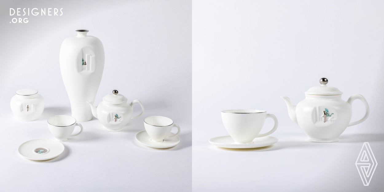 Elsewhere is a porcelain tableware set that combines tea and floral art. It draws inspiration from the Chinese aesthetics and philosophy, but also challenges them with a bold design. The pieces have a white finish and an indented pattern with small openings that reveal an inner layer. The openings create a contrast between the solid and the empty, the perfect and the imperfect, the real and the imaginary. They tempt the user to explore the hidden beauty and meaning of the objects, and to escape from the dull reality to a different world.