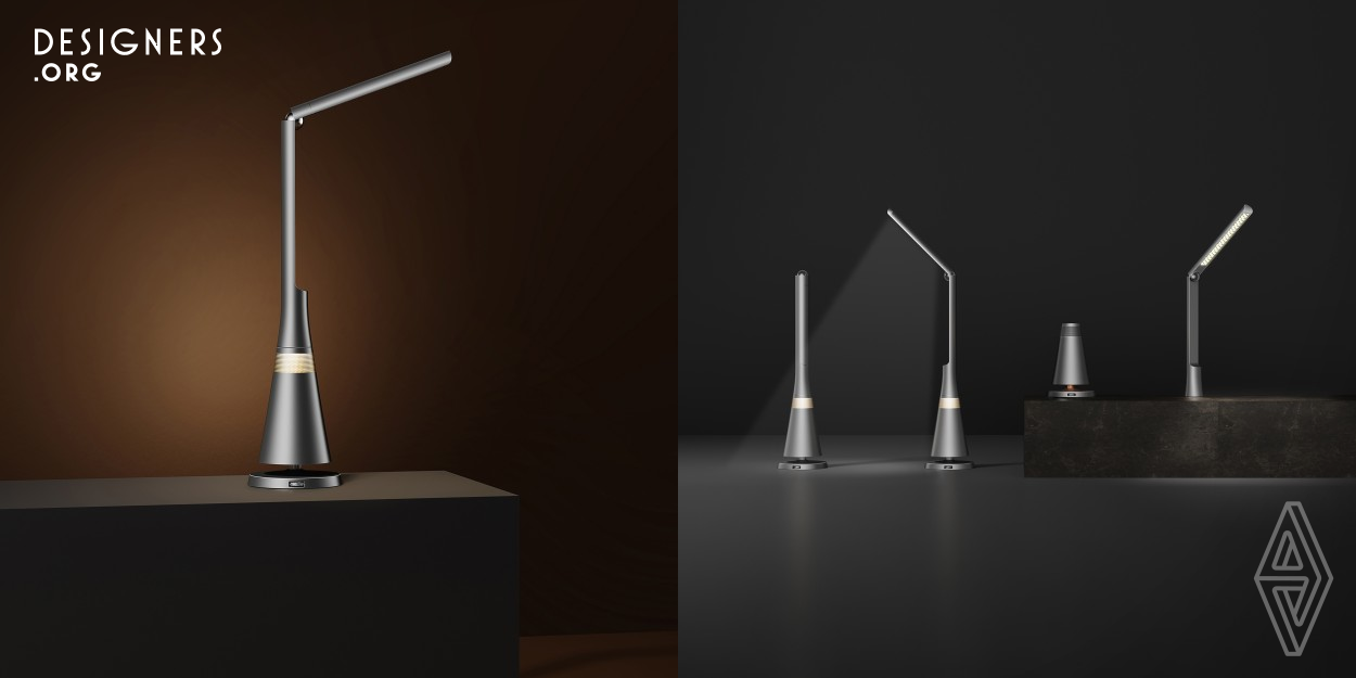 This is an amp lamp that maximizes the use of desk space. Thanks to the innovative bearing hinge structure inspired by the elegant shape of a swan egg, the lamp arm can be attached to the light pole and offers 180° illumination. The speaker and the lamp can be used separately or together to accommodate users' diverse needs across different scenarios. The product incorporates curves aesthetics to exude a vibrant feel, accented with a metallic color scheme, elevating desktop aesthetics to a new level. The speaker can deliver an impressive dynamic surround effect from 50HZ to 22KHZ.