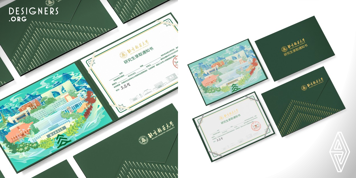 This project is the unconditional offer of admission designed for Beijing Forestry University. The project consists of three parts, namely an envelopes, a offer letter and an illustrations. The design of the envelope cleverly utilizes the folding of the paper to form the outer packaging, saving on production materials. Meanwhile, the notification letter is made of environmentally friendly paper, further reflecting its eco-friendly nature. Finally, the illustration shows the beauty and landmarks of Beijing Forestry University.