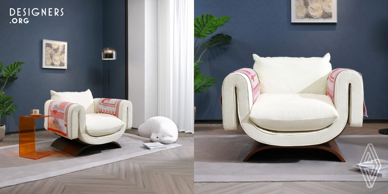 This sofa chair is designed to provide the user with a comforting and healing experience inspired by the image of a benevolent Italian grandmother. The U shaped form defined by the wooden framework is simple and sleek, lending itself to multiple home decor styles. The solid coloured main part is complemented by kinds of matching blankets, allowing for personalization. The ergonomic design of the product fully envelops the user, with a reasonable seat height and depth, and the back belt mechanism provides soft and stable support, creating the sensation of falling into the clouds.