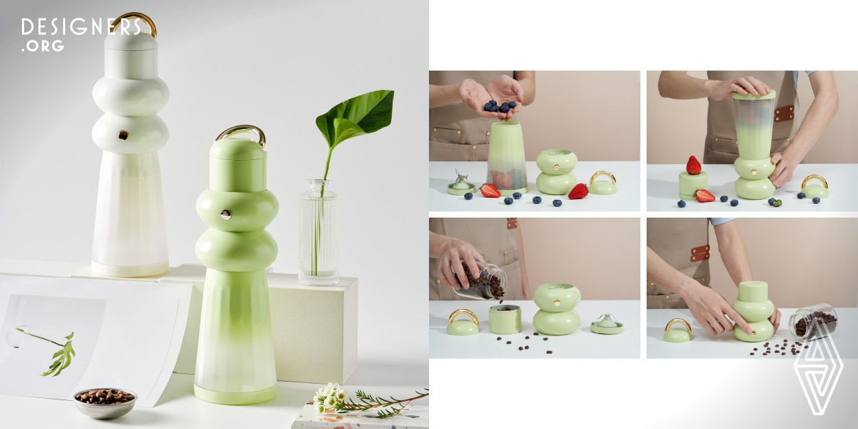 The shape of the vase is formed by the longitudinal storage of the juice squeezing cup, grinding cup, cover, and motor. Its specially designed structure not only saves storage space, but also provides users with a relaxed and interesting experience during juice extraction, grinding, takeaway, and storage. In addition, the product has been innovated in terms of color, material, and finishing, making it harmonious with the surrounding environment. At the end of the product's service life, the design language provides the possibility of becoming a vase.