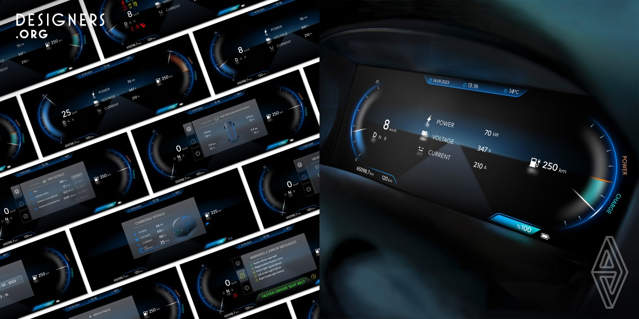 Aselsan new generation Instrument Cluster Interface enables a new level of user experience for its drivers as part of Aselsan Electric Vehicle System. The UX UI design aims offering users a seamless and intuitive driving experience while reducing cognitive load. By combining minimalistic 2D elements with shaded 3D graphics, enhanced depth and layering is achieved. Essential informations such as speed, charging and power usage states are clearly communicated through half circular gauges. Color-coded warning messages enable users to quickly discern the urgency of any required actions.