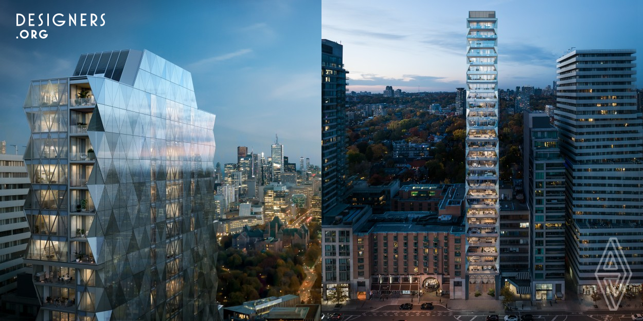 210 Bloor is a 29-storey mixed-use building home to 42 residential units, 126m2 of retail space and 3 levels of below-grade parking. The development will result in a gross floor area of 15,589m2 with an overall density of 20 times the area of the lot. The design features a mirrored glass triangular tessellated geometric pattern on the east and west facades, which are designed right to the property line. The mirrored finish of the hexagonal panels creates a canvas of reflected light and forms.