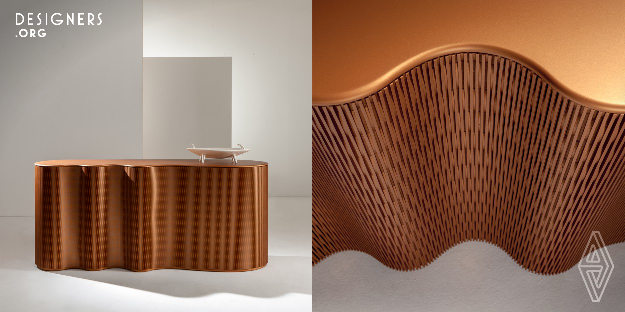 Cesare Arosio, architect and designer, designed the Infinity project with circles and compound curves, giving it an organic shape. His inspiration comes from art, contemporary design and the company's craftsmanship. He has managed to give the product a unique style that also makes the creative eclecticism appreciated, which blends modernism and minimalism in an organic form. This console revisits the unique detail of the geometric alveolar base, enhancing it thanks to a series of soft curves. To achieve this ambitious goal, raw materials such as wood.