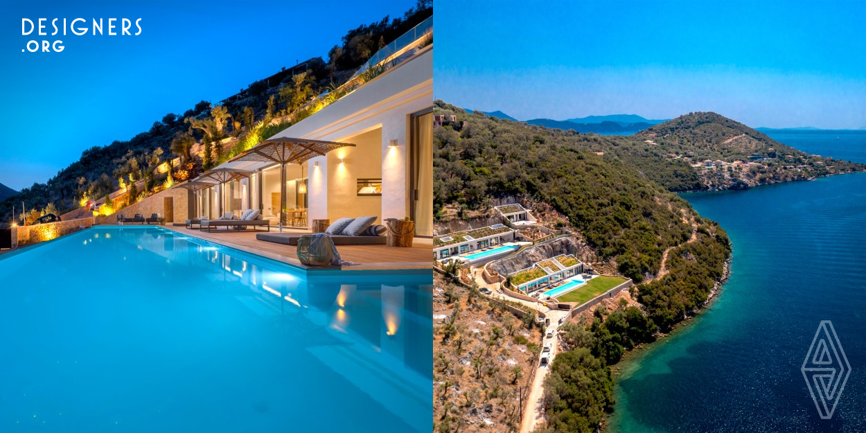 Atlas and Pleione are located on a seafront land plot in the picturesque natural harbor Sivota, on the island of Lefkada, in Greece. It is a complex of two subterranean villas and a subterranean guest house. Atlas Villa is 30 meters from the ocean water, and Pleione Villa is 50 meters away. The minimalistic design of all the villas, the austere architectural lines, the green roves, and the long windows blend functionality, luxury, and sustainability flawlessly. The estate boasts a unique, environmentally friendly design, custom-made interiors, and three vast swimming pools.