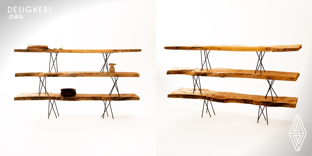 This is a shelf made from "Sendan" wood from Okinawa Prefecture. The design of the pillars is inspired by the scenery of Japanese bamboo forests. It has a simple structure, consisting of a pillar with four iron rods welded to a steel plate and fixed to wood with screws. Since the wood is not processed, the length and thickness vary, allowing you to enjoy a variety of solid wood shapes and expressions. You can put books or small items between the pillars. Enjoy the interior by displaying ceramics and sculptures.