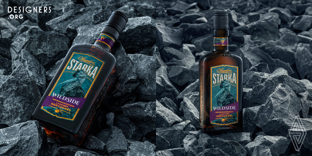 The Starka family, which is based on deep-rooted tradition, has a new member - the youthfully daring Starka Wildside. Cultivated over the ages, the flavor characteristics have now been complemented by the unexpected aftertaste of wild blackberries. Staying within the territory of traditional beverages, the design of the packaging for this product aims to convey a gust of fresh air in the visuals as well. The stork character, which has become a symbol of the Starka family, turned into a special youthful appearance this time.