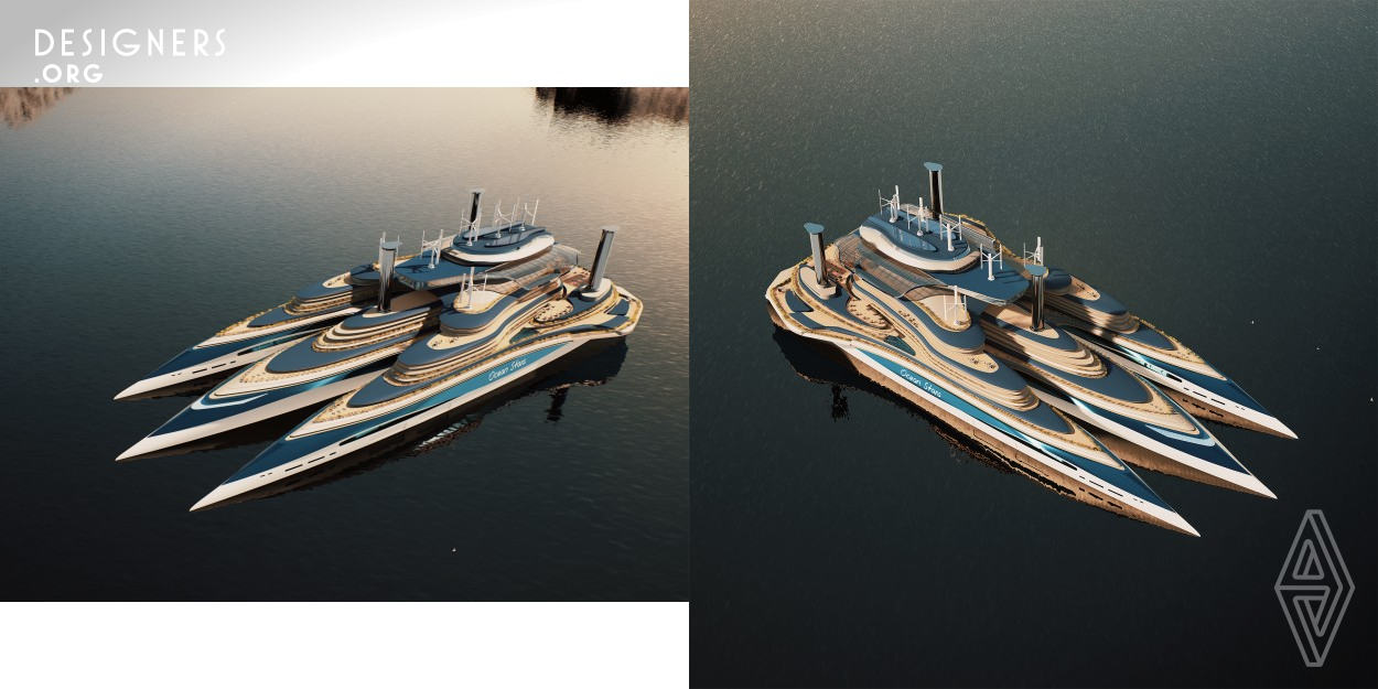 The Wandering Ark combines a trimaran and an X Bow ship type. It has extremely strong stability to cope with different ocean disasters. The large superstructure provides people with enough living space. It integrates various energy collection methods such as solar energy, wind energy, wave energy, and seawater hydrogen production system. In terms of power, seawater hydrogen production stores hydrogen and converts it into electrical energy through fuel cells to provide power output. The only emissions in the entire process are water, which can achieve zero emissions.