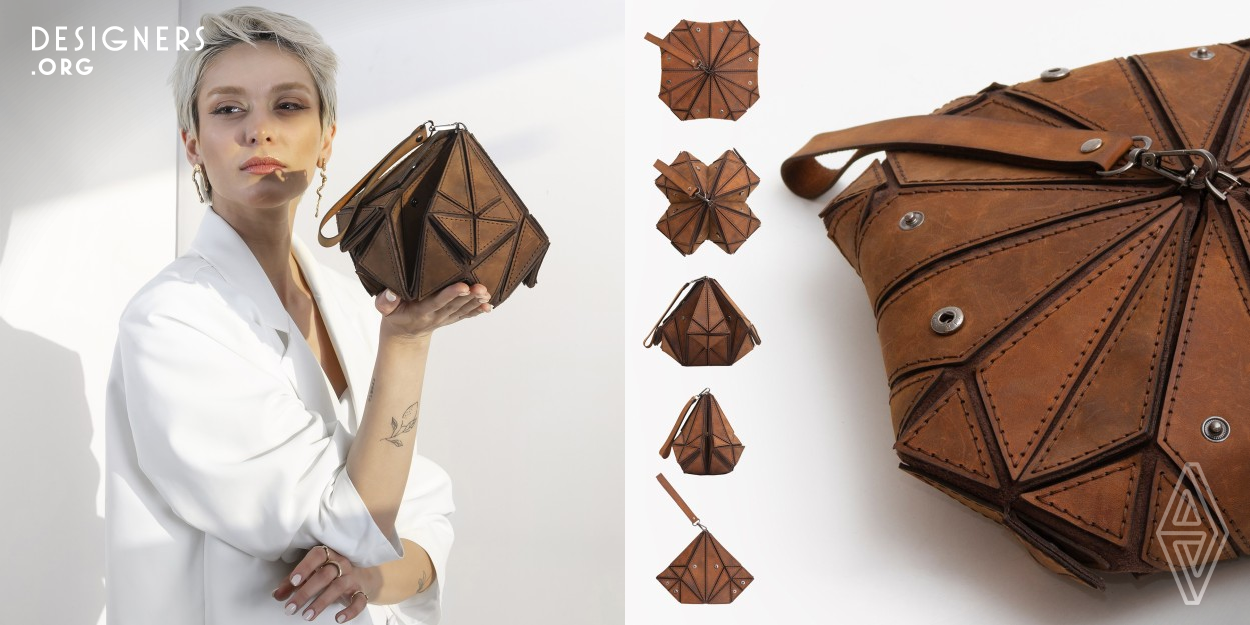 The Infinite is a convertible and foldable leather bag with an origami design inspired by geometry of the dome of music hall of Aali-Qapu, an imperial palace in Iran. Users can change its shape easily, at least 40 different shape, whenever they decided while maintaining its function as a bag. This bag is a sustainable solution in consumption because it has durable material and It also responds to user diversification by its changeable shape. The dimension of the bag when it is not folded is 200*400 millimeter and consists of 96 cow genuine leather pieces and 18 no-sew snap metal button set. 