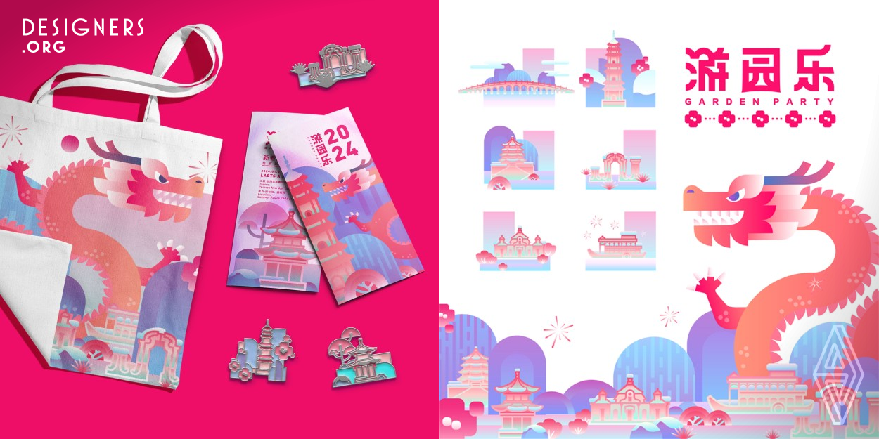 Through extensive data research, most famous buildings in the Old Summer Palace and the Summer Palace are selected to be graphically manipulated to create the most recognizable and communicable icon, and combined it with Loong, the Chinese Zodiac motif for 2024. Blue and pink colors were chosen to reflect the new vitality that has emerged from its long history. We explore suitable visual presentation method for architectural icons, and help the development and intermingling of diverse cultures.