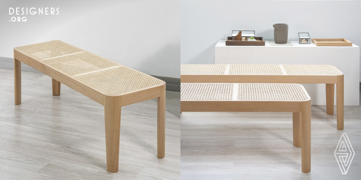 The design concept is taken from the early Taiwan local wood and rattan stools, and is integrated into the modern home style through the reinterpretation of different material design. In this corner collection, you can feel the subtleness of the wood, the meshed surface design with simplicity. The 3 seater bench is entirely handcrafted with natural lumber. Wooden but lightweight, forging a sophisticated piece of artistic bench with bright wooden color, and four rounded corners to deliver elegance.