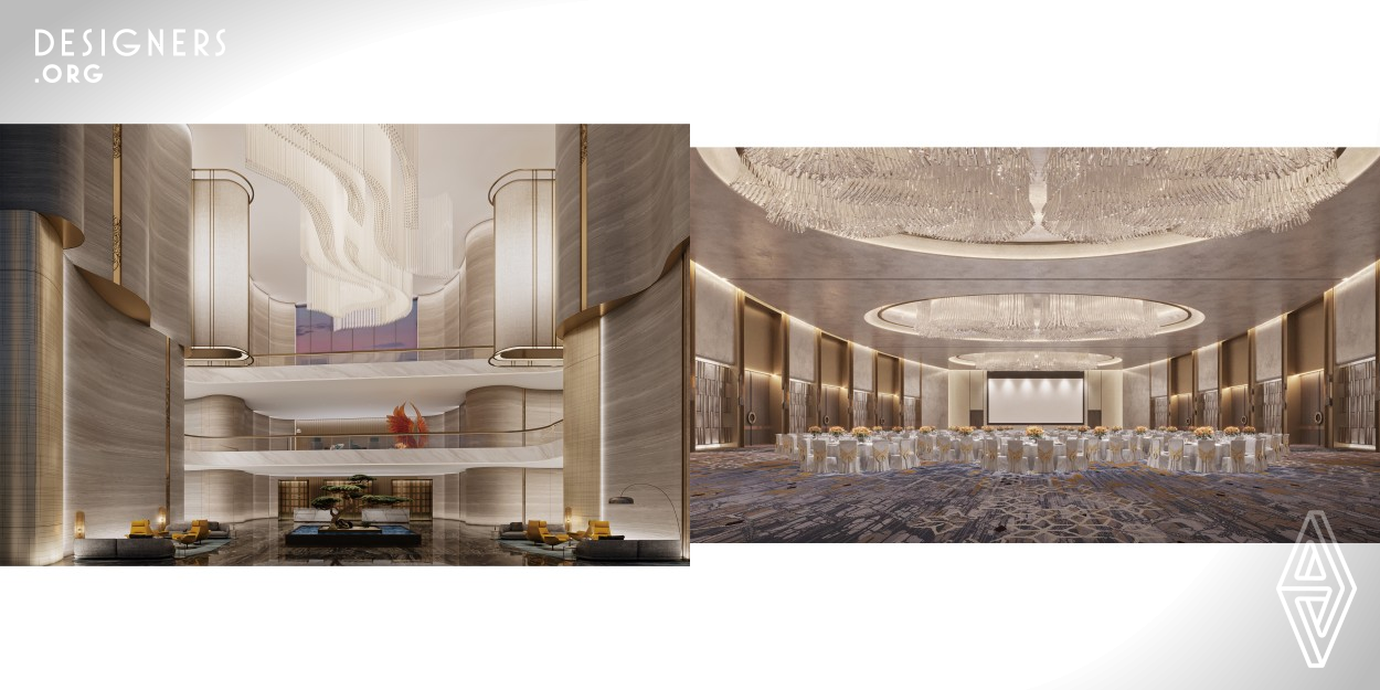 Hotels need to be local, open, and inclusive. The designer was inspired by the dragon and phoenix, a traditional Chinese mythological animal. The walls are made of curved beige marble and copper panels, the shape symbolizing the flying posture of the dragon. The crystal chandelier on the ceiling is an abstract representation of the shape of a phoenix. The whole space presents a sense of organic flow. This also reflects the respect and inheritance of culture.