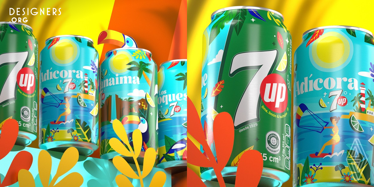 7Up Destinations Venezuela is delivering vacation vibes with their Destinations campaign for the LATAM market, available for purchase in Venezuela. Inspired by all the beauty of Venezuela, the Design Team created a series of limited-edition cans aimed to capture the essence of the country by representing four of its most picturesque and iconic destinations: Adicora, Los Roques, El Yaque and Canaima.
