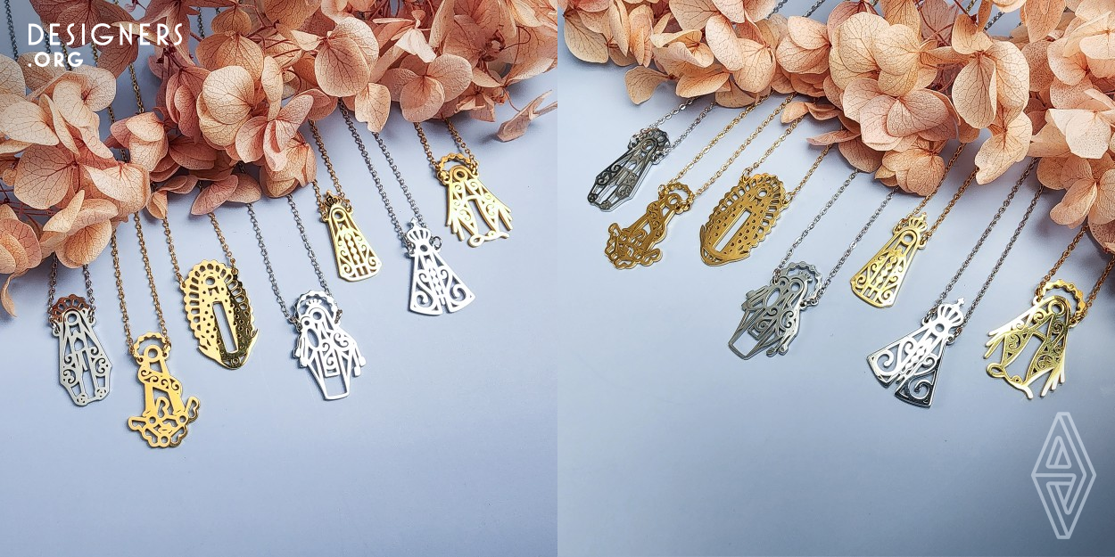 Our Lady Collection showcases the seven most revered Virgin Mary's titles worldwide. Each necklace Our Lady of Fatima, Our Lady of Guadalupe, Our Lady of Graces, Our Lady of the Immaculate Conception, Our Lady of Lourdes, Our Lady of Mount Carmel, and Our Lady of Aparecida, embodies beautiful, dainty, and unique designs. Setting them apart from generic religious jewelry, these pieces offer exclusive designs, departing from conventional medal-shaped imagery.