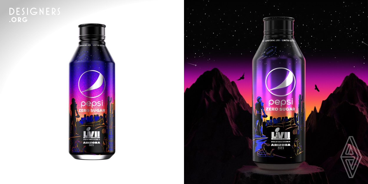 Set against one of the most stunning natural landscapes, Phoenix, Arizona, is home to awe-inspiring sunsets, canyons, and vistas. The desert city’s sweeping scenery has inspired artists throughout history, and in 2023 we joined their ranks when we designed a limited edition Pepsi bottle celebrating the host of the year’s ultimate football event.