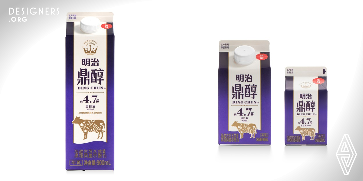 To compete in China's high-end milk market, a unique technology created premium milk targets women aged 30-50, blending 100 percent  raw milk with a nutrient-preserving concentration technology for rich flavor. The project redefines milk packaging, combining innovation and Japanese quality with a luxurious taste. The package's purple symbolizes nobility, enhanced by white and gold for elegance and quality, making the design distinctly memorable.