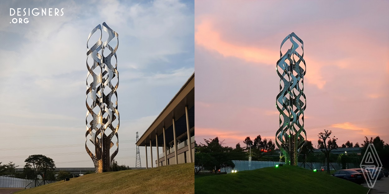 The 10 meter tall stainless steel sculpture stands tall and proud on the highest point of the company's square green space. It is like a thriving, vibrant tree, symbolizing the company's thriving development and the spirit of pursuing excellence. The sculpture is composed of four seamlessly flowing stainless steel arc-shaped units, and interlaces in the vertical space to create a concise, smooth, and dynamic form, converging into a force that continuously extends toward the sky, filling people with expectations for the future.