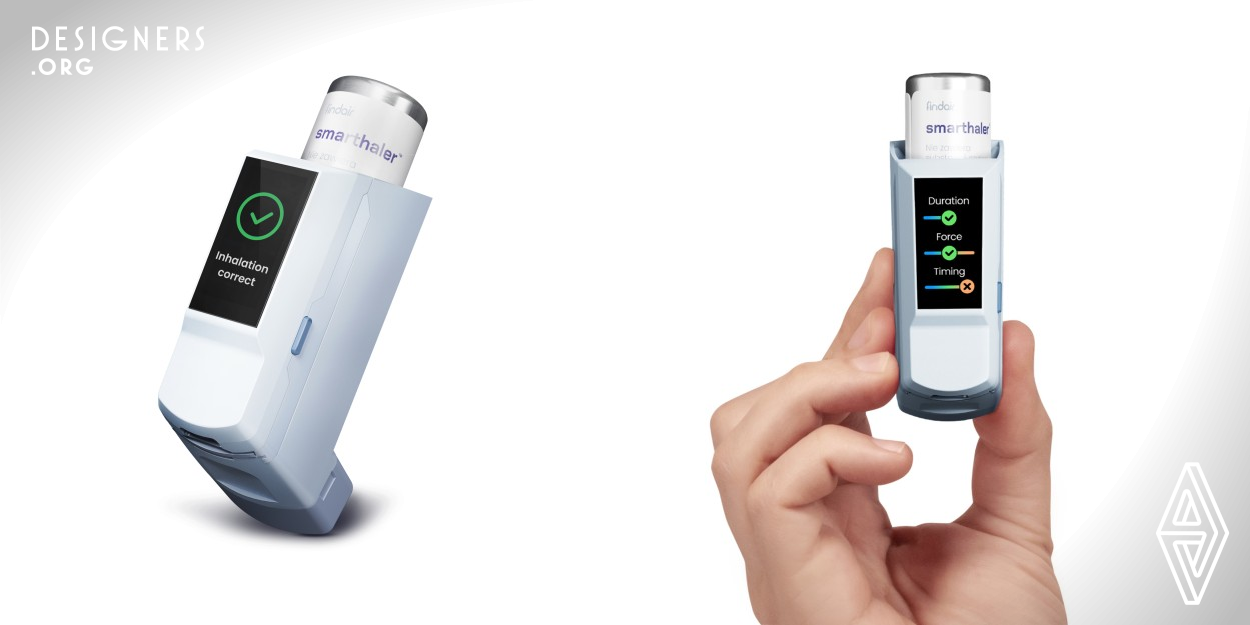 Smarthaler is a digital pMDI Inhaler, that uses real-time AI analysis and data collection to guide asthma and COPD patients toward correct inhalation technique and enhanced drug deposition. Its modular design incorporates advanced flow sensing algorithms, allowing it to operate like a standard inhaler while offering the added benefit of a reusable electronic module attached to the back of the aerosol dispenser. After each usage, it provides instant feedback on inhalation quality. This data is sent to an app for immediate sharing with doctors or care teams, facilitating better care. 