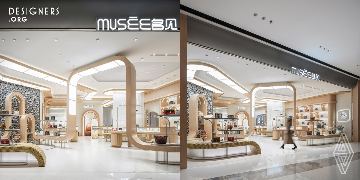 Musee Flagship Store in Beijing is an embodiment of elegance, sustainability, and innovation. This design revolves around a recycled loop concept, symbolizing both the cyclical nature of fashion and the brand's commitment to sustainability. From the tactile sensation of the wood textures to the stainless steel metal art wall, every detail is elevating the in-person shopping experience. Integrating 3D printed woven textures into the wood framework adds a layer of tactile intrigue, inviting customers to interact with the space on a sensory level. 