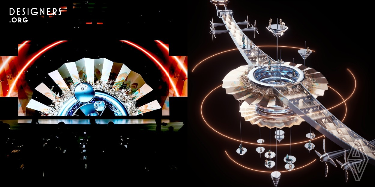 The work constructs a stage scene with Oriental cultural elements, combining Chinese folding fans, pipa and engines into a huge spacecraft. The video uses 3D animation, AIGC, and naked eye 3D technology to allow the audience to experience time travel, featuring landscapes, phoenixes, Chinese gardens, Shikumen and Shanghai. In the background of the fashion show, the designer used AI generated giant animations to echo more than 60 models, reflecting the design elements of the clothing. The work integrates virtual and real elements to complement the fashion show.