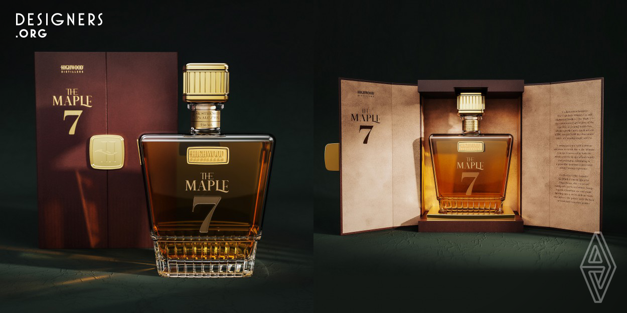 The Maple 7 brings together a design merger between the usual take on luxury and experiential elevation, joining and completing this unique experience with Canadian rye and maple, elements subtly translated into the bottle design, creating a bold, striking presence enhanced and completed by minimal details that elevate both bottle and packaging into a disruptive shaping that demarcates itself from the rest of the competition, and using the ribbed base as a disguised highly reflective section, capable of creating a deep optical illusion that elevates the whisky and all of its natural colours.