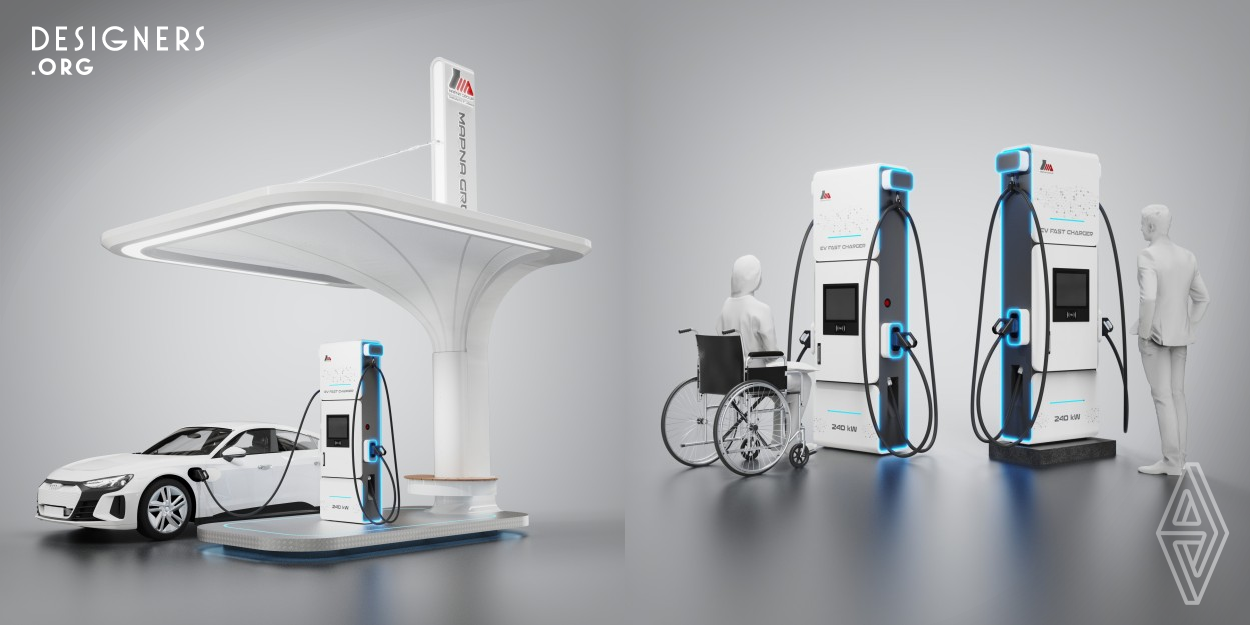 This fast charging dispenser, with a power output of 240 kilowatts, is specifically tailored for the Iranian market to cater to the charging needs of various electric buses and vehicles. The dispenser is equipped with Chademo and CCS connectors to establish seamless connections with different types of electric vehicles. Its design not only embodies modern aesthetics but also adheres to ergonomic principles to ensure user comfort and accessibility.