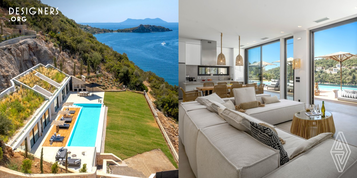 Atlas and Pleione are located on a seafront land plot in the picturesque natural harbor Sivota, on the island of Lefkada, in Greece. It is a complex of two subterranean villas and a subterranean guest house. Atlas Villa is 30 meters from the ocean water, and Pleione Villa is 50 meters away. The minimalistic design of all the villas, the austere architectural lines, the green roves, and the long windows blend functionality, luxury, and sustainability flawlessly. The estate boasts a unique, environmentally friendly design, custom-made interiors, and three vast swimming pools.