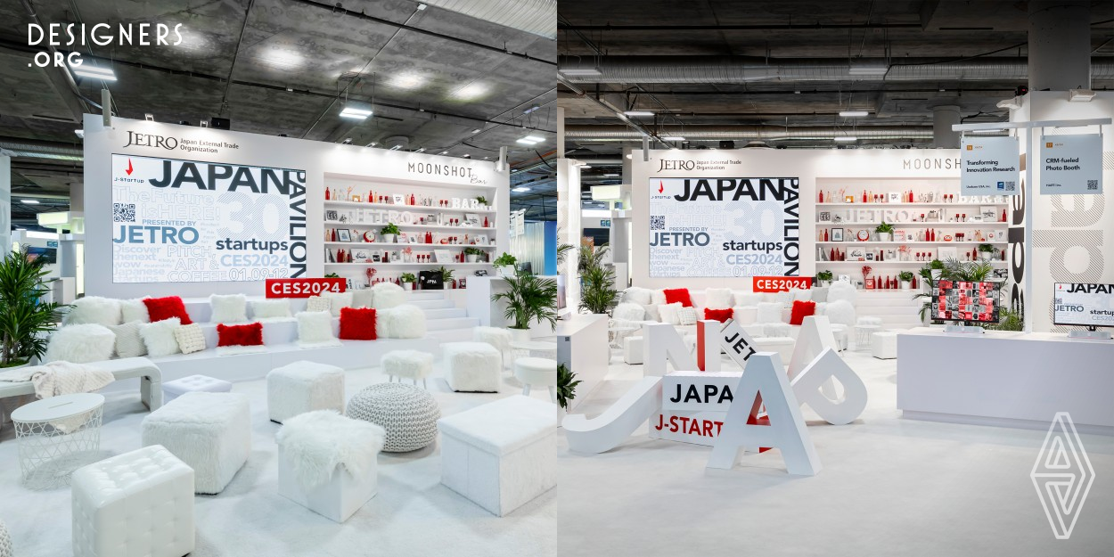 This is the Japan Pavilion at the CES 2024, the largest technology convention in the glove. The design is inspired from simplicity and minimization, the fundamental concept of Zen, which Japan has always been with since ancient times. It is creating organized chaos, which means multiple chaotic attractions carefully placed. There are 5 attractions, which are exhibition tables, an information counter, a bar, a lounge and mingle space, and an event space with a large display. Unlike the normal booth, visitors enjoy drinks and conversation in a cozy lounge and bar, which we named Moonshot Bar.