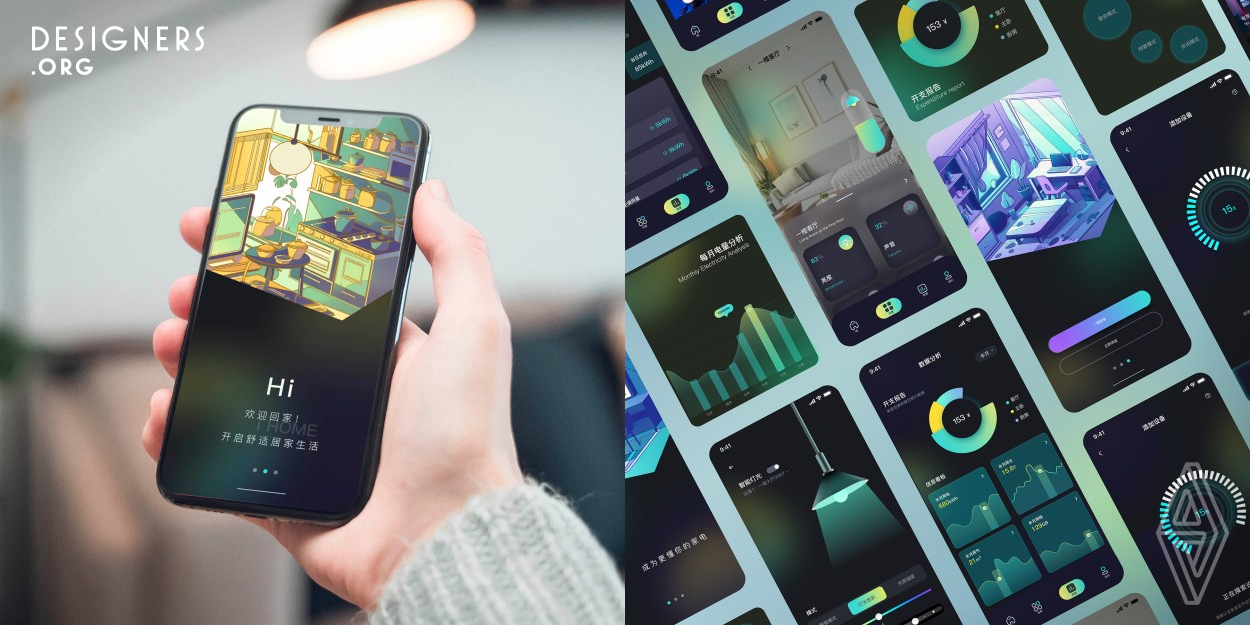 The design helps users to intelligently control all kinds of home equipment at home anytime and anywhere, and truly realize the intelligent interconnection of home. The work visualizes the data of home devices through charts and curves. The work selects flat illustration style and simple design style to give users a good aesthetic experience. Through the work, users can free their hands at home and give users a more comfortable home life.