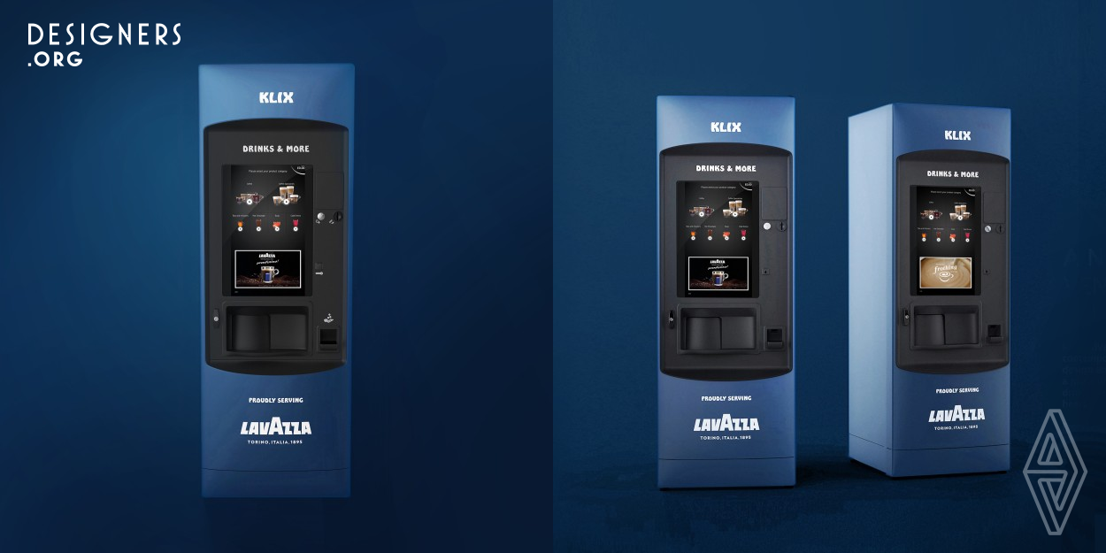 Klix Advanta matches clean design, a modern user interface with a wide selection of drinks and Lavazza at its heart! Advanta is designed to redefine the vending machine experience. Giving shape and expression to technology and brand values through exceptional taste and a balance of efficiency and elegance. The patented in cup technology delivers drinks without any cross contamination. Ingredients are sealed in the innovative eco cup. Made with sustainably sourced paper and coated with water based barrier it is the first paper cup without plastic lining.