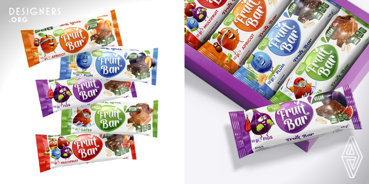 The main task in developing the packaging for the Fruit Bar series was to create a positive and friendly image for the new snack brand. The design conveys energy and dynamism. Bright colors and a white background were chosen to emphasize contrast and cleanliness. Characters on the packaging radiate positivity and activity, enhancing the impression of the brand's vitality and well-being. Thanks to the carefully selected colors, logo, and characters, the packaging effectively communicates the essence of the product and attracts consumers.