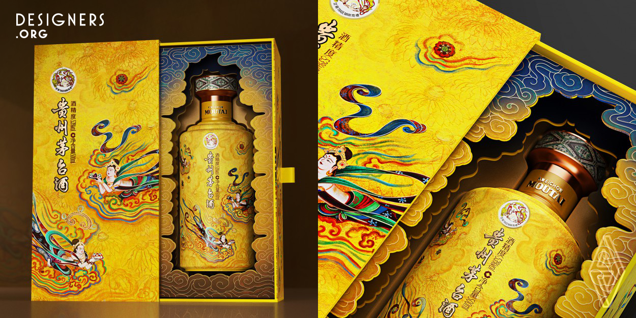 The design takes inspiration from the Flying Apsaras motif found in Dunhuang murals as its primary visual concept. Hand painted in the style of ancient Chinese mural art, depicting the beautiful and agile posture of Tang Dynasty flying figures. Inside the box, there are double-layered cloud-shaped decorations surrounding the bottle, and when the inner box is opened, it gives the impression of a Flying Apsara flying out from the Dunhuang murals. 