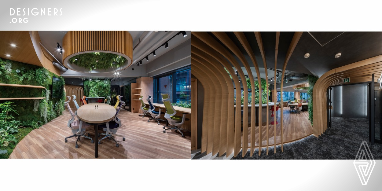 The office consists of two floors, each designed with a different theme. The theme of the main floor is Fusion with Nature, and visitors can enter the interior space through the 24 arched monuments that resemble large trees at the entrance. Plants and wooden materials are scattered throughout. The design theme of the sub-floor is a cruise ship sailing on the open sea. In contrast to the main floor, the conference rooms are unified in blue and white. Sunlight streams in through the louvers, creating a refreshing atmosphere.