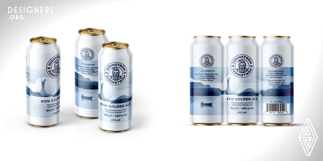 The logo of the craft beer Judinstrom features a stylized character in Scandinavian style, embodying strength and resilience. Visual elements and packaging design are executed in a modern interpretation of Scandinavian motifs, conveying the cold atmosphere of the northern countries. Flat graphics are used for illustrations on the packaging, incorporating symbols typical of the Scandinavian region. The color palette includes deep blue, shades of gray, and blue, emphasizing icy coolness and restraint.