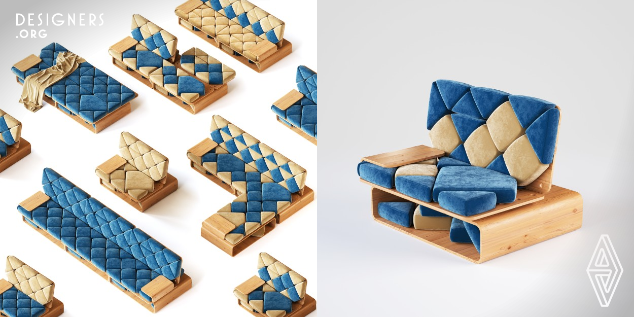 Morfius is built around a single modular structure and three distinct modular pillows that come in various colors. The concept aims to redefine the modular approach, emphasizing both functionality and aesthetics. The structure can be transformed into different configurations, from a single person seat to an L-shaped sofa, standard sofa, bed, long linear sofa, and more. In terms of aesthetics, you have the flexibility to mix and match triangular, square, and diamond shaped pillows. This versatility makes Morfius adaptable to various settings, including homes, offices, and children's rooms.